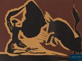 a picture of a painting of a woman sitting on the ground