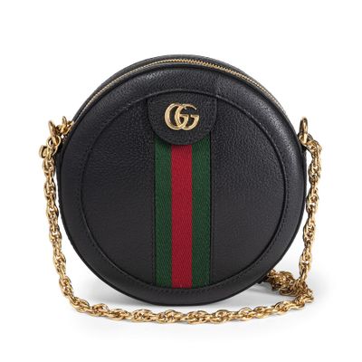 a black round bag with a green, red and green stripe on the side
