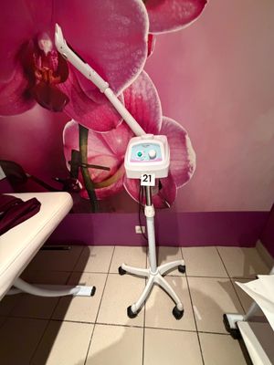 a room with a chair, a table, and a wall with a picture of a pink orchid