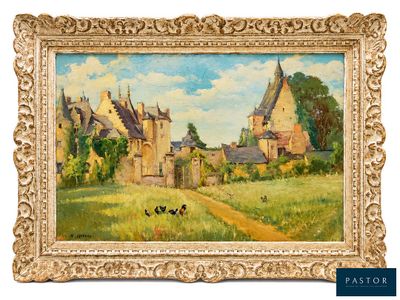 une image représentant un tableau d'un village avec des poulets au premier plan