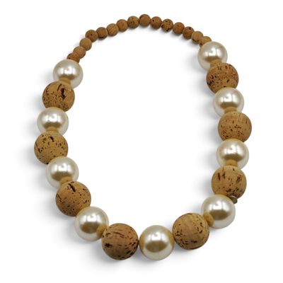 a close up of a necklace with pearls on a white background