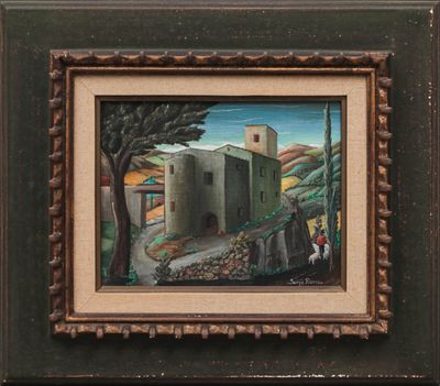 an oil painting of a castle on a hill with a tree in the foreground