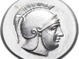 an ancient greek coin with a head of a man wearing a helmet and a feathered headdress