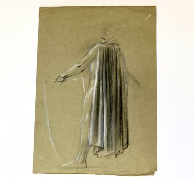 an old drawing of a woman in a cloak and cape