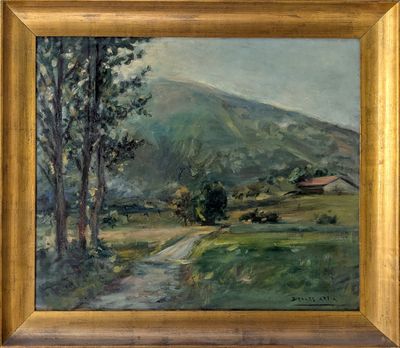 an image of a painting of a landscape with trees and a road