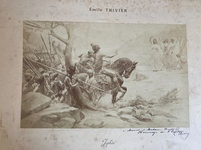 an old picture of a man on a horse being pulled by a group of men