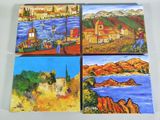 ensemble de quatre tableaux représentant un paysage avec des bateaux sur l'eau