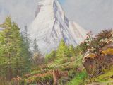 une peinture à l'huile représentant un paysage de montagne avec un ours et une vache