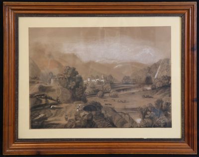 peinture représentant un paysage avec une rivière et des montagnes en arrière-plan
