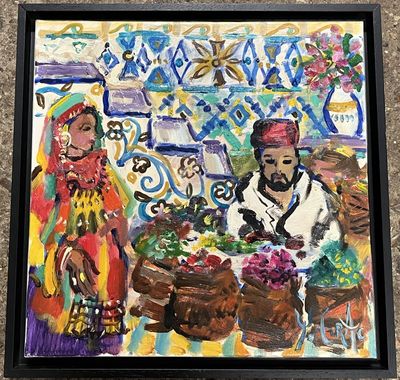 an oil painting of a woman and a man at a market