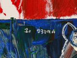 a painting of a red and blue boat on the water