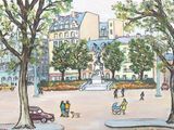 tableau représentant une place de ville où des gens se promènent et promènent leurs chiens