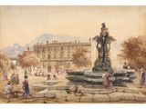 painting of a fountain with a statue in a plaza surrounded by people