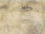 a drawing on a piece of wood with writing on it
