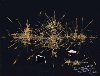 a black and gold drawing of a city with lots of buildings