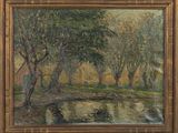 une peinture à l'huile représentant une rivière et des arbres dans une zone boisée