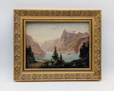 une image représentant un tableau représentant un paysage de montagne avec un lac au premier plan