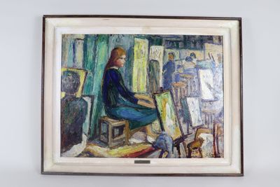 an oil painting of a woman sitting on a chair in front of a painting