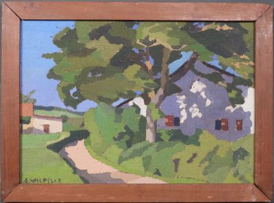 une image d'une peinture représentant une maison et des arbres dans un champ