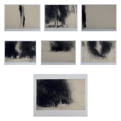 six dessins en noir et blanc représentant des arbres sur fond blanc