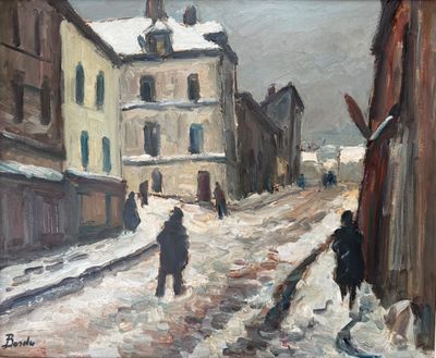 painting of people walking down a snowy street with buildings in the background
