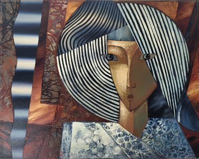 un tableau représentant une femme coiffée d'un chapeau rayé