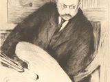 drawing of a man in a suit and tie sitting at a table with a palette