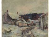 une image d'un tableau représentant un village dans la neige
