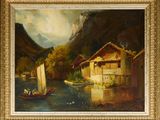 an image of a painting of a boat in the water near a house