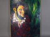 un tableau représentant un homme barbu vêtu d'une chemise rouge