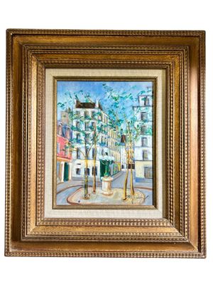 peinture à l'huile d'une scène de rue avec des bâtiments et des arbres