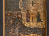 une image d'une peinture de jésus sur la croix avec d'autres personnes