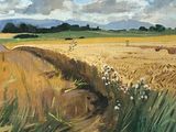 a painting of a field with a dirt road going through it