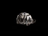 a close up of a silver ring on a black background