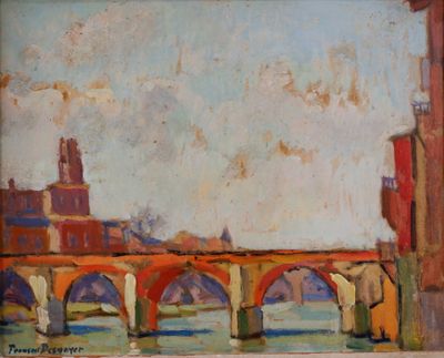 painting of a painting of a bridge over a river with a clock tower in the background