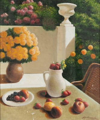 a painting of a table with a vase of flowers and fruit on it
