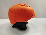 an orange helmet on a white table with a white background