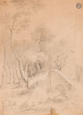 dessin représentant un paysage avec un pont et des arbres au premier plan