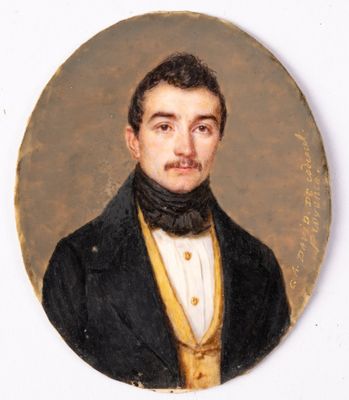 portrait of a man in a black coat and a yellow bow tie