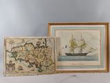 two framed maps of europe and a ship in a gold frame