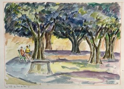 une aquarelle représentant des personnes assises sur un banc dans un parc