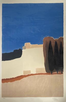 une image représentant un tableau où l'on voit trois arbres devant un ciel bleu