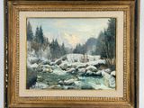 an oil painting of a mountain scene with a stream and trees