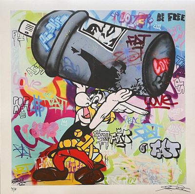 painting of a cartoon character with a graffiti spray can on his head