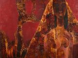 une peinture à l'huile représentant une femme debout devant un fond rouge