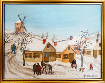tableau représentant une scène hivernale avec des personnages et des chevaux tirant un traîneau