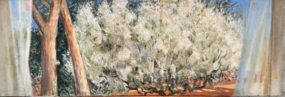 une peinture représentant un arbre blanc posé sur le rebord d'une fenêtre