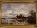 une image représentant un tableau d'un lac avec des arbres et des nuages en arrière-plan