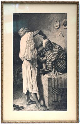 un vieux dessin en noir et blanc représentant deux hommes dans une cuisine