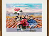 tableau représentant des fleurs dans des vases posés sur une table, avec une vue sur un vignoble